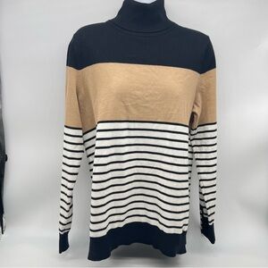 Tommy Hilfiger Women’s Black and Tan Striped Turtleneck Sweater-Size L